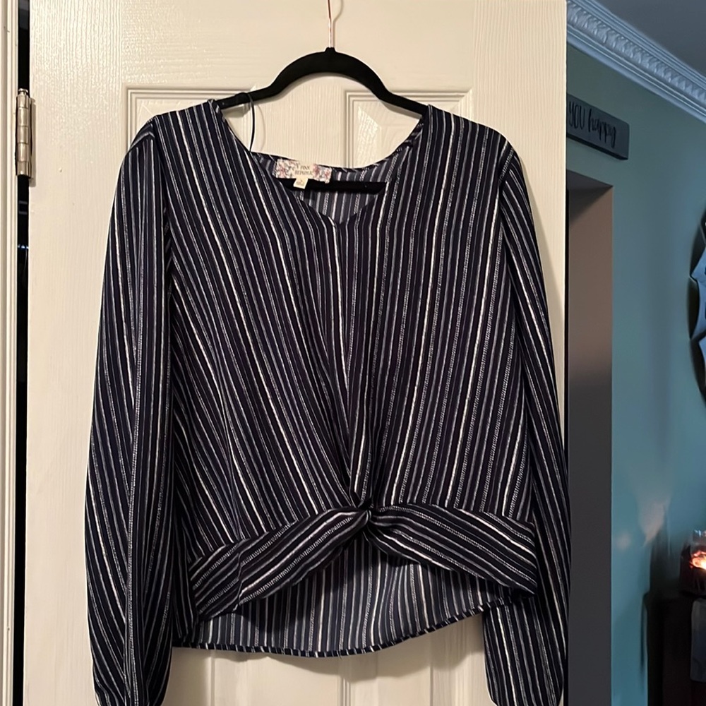 Blue stripes, long sleeve cropped blouse